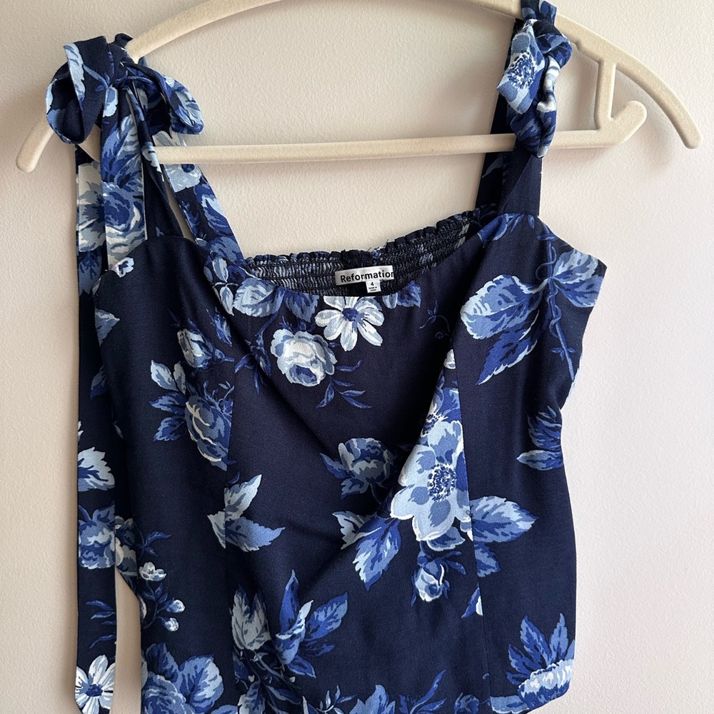 Reformation Blue Tie Front Tank Top